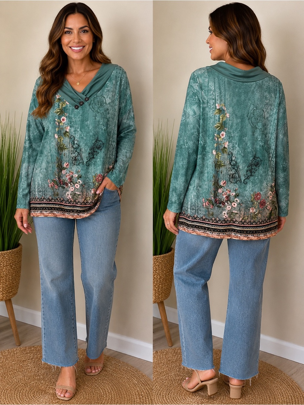 Teal Floral V-Neck Long Sleeve Top with Button Detail